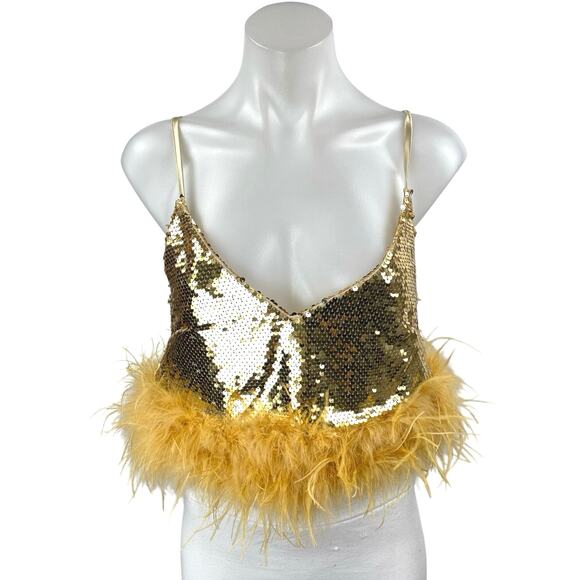 12th Tribe Tops - NEW 12th Tribe Gold Sequin Metallic Feather Sleeveless Cami Tank Crop Top Size S